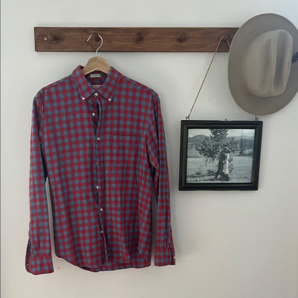 Red and Blue Casual Button Down Shirt with Plaid Design